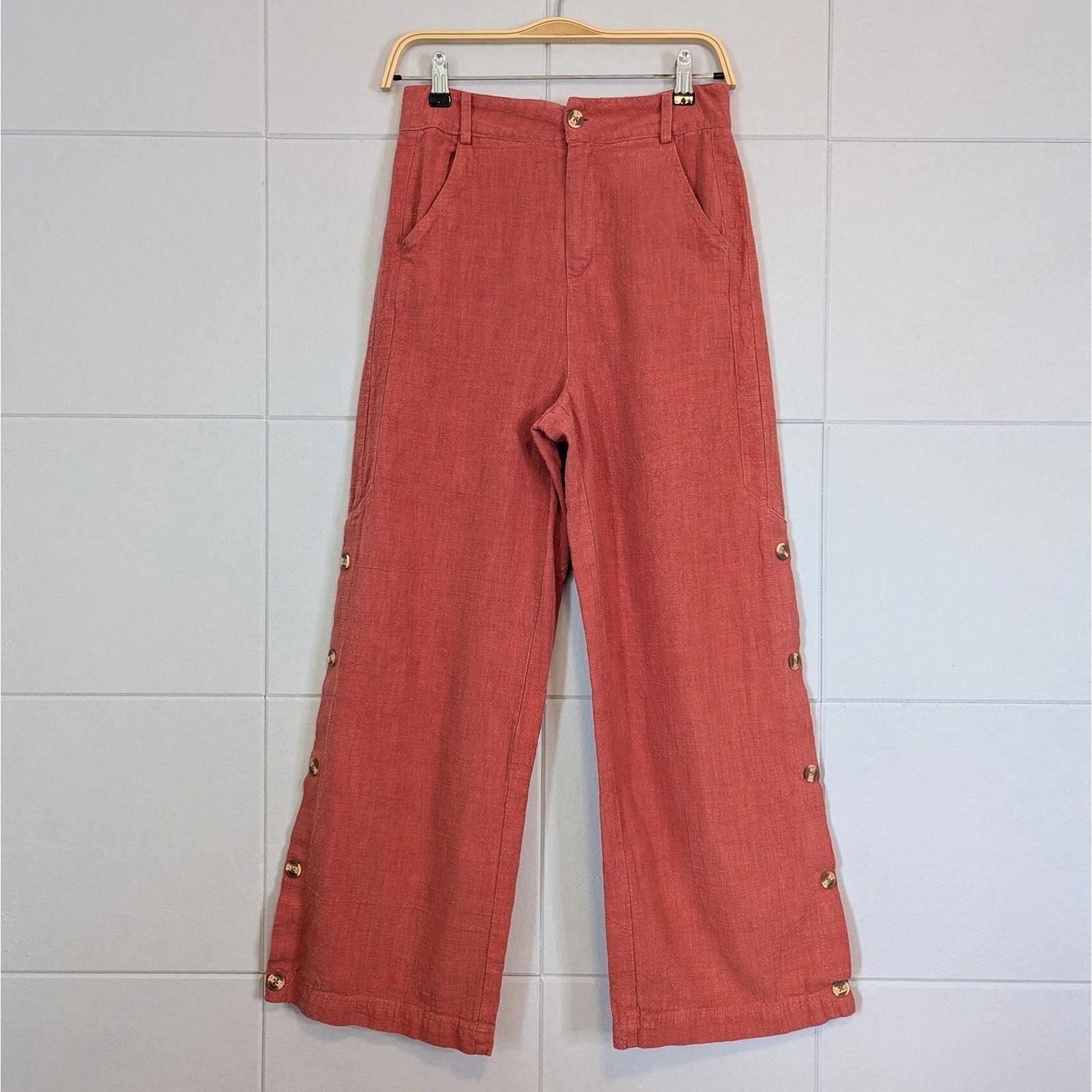 Mo:Vint New York Cotton & Linen High Rise Wide Leg Side Button Pants